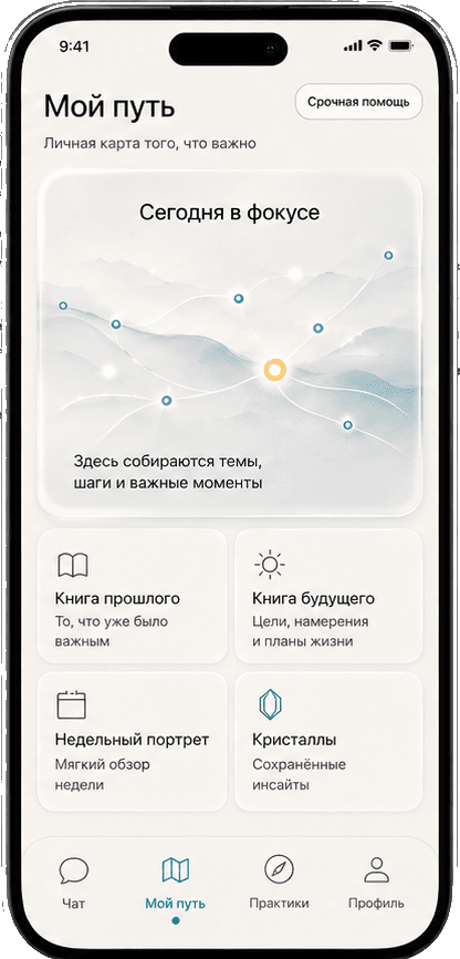 Экран приложения «Хранитель»: «Мой путь» - личная карта, сегодняшний фокус, книги, недельный портрет и сохранённые инсайты.
